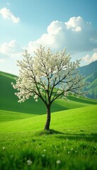 Fototapeta premium Single white blossomed tree on a green meadow, serene, landscape, solitary