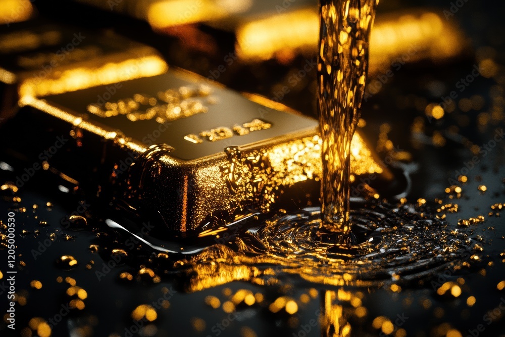 Poster Golden bars submerged in liquid gold create a mesmerizing visual effect in a dimly lit studio. Generative AI