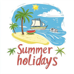Cartoon summer holidays scene with sailboat, speed boat, palm trees and watermelon