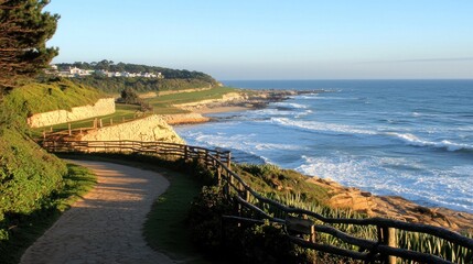 Coastal path, ocean waves, cliffside walk, sunrise, village