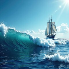 Obraz premium Monotone blue ocean waves crash against a sailing ship at sea , winter, beach