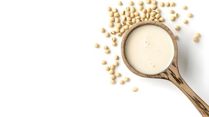 Soy milk in a spoon with soybean isolated on white background 