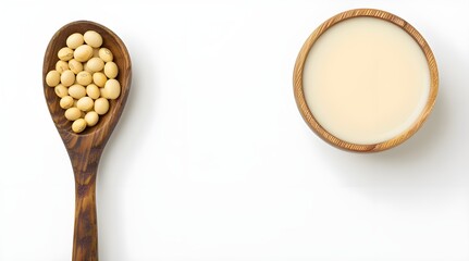 Soy milk in a spoon with soybean isolated on white background 
