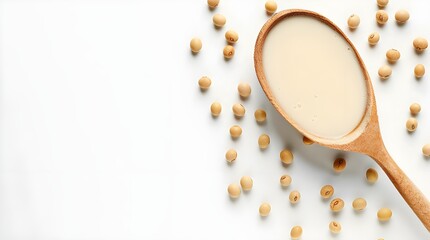Soy milk in a spoon with soybean isolated on white background 