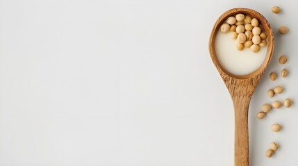 Soy milk in a spoon with soybean isolated on white background 