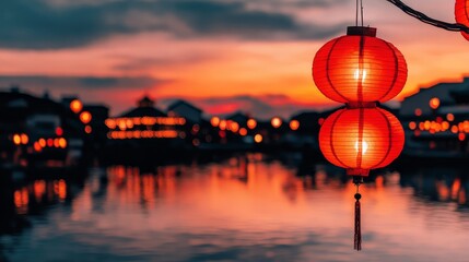 Obraz premium Illuminated Lanterns at Sunset Over Cityscape