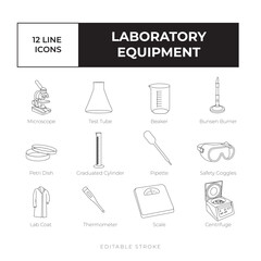 Laboratory equipment line icon set vector simple, black and white vector icon bundle isometric	