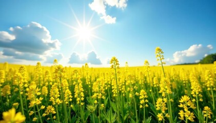 Obraz premium Sunlit rapeseed field, vibrant yellow blossoms under a vast blue sky , farmland, vast