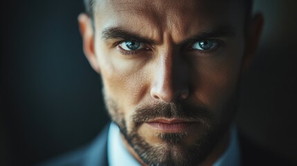 Fototapeta premium Portrait focused business man raising head to camera in blurred interior. Closeup serious man face looking down indoors. Attractive top manager thinking in dark background.