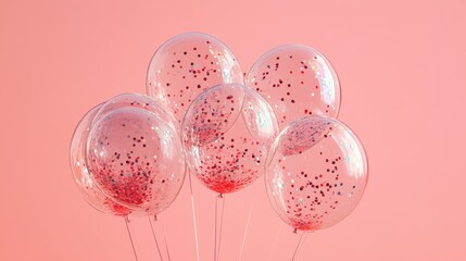 Transparent balloons filled with confetti, set against a pastel background, modern and trendy party decor 