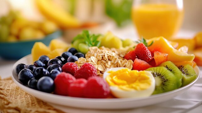 A detailed look at a balanced vegetarian breakfast, featuring eggs, whole grains