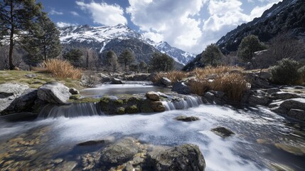 Mountain stream flows, spring valley, snowy peaks background, nature scene