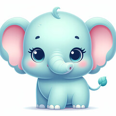 Naklejka premium Cute baby elephant cartoon, chibi style, large round head, big blue eyes, tiny trunk, pink inner ears, small tail, light blue color, soft pastel background, kawaii character design, children's book il