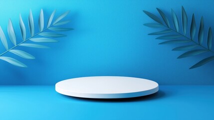 Obraz premium Minimalist Display Platform with Tropical Leaves and Blue Background