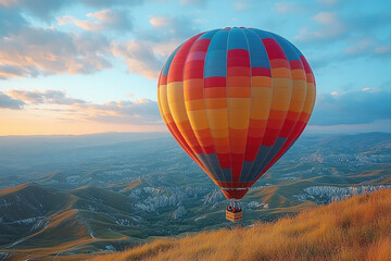 Colorful Hot Air Balloon Soaring Over Scenic Mountains