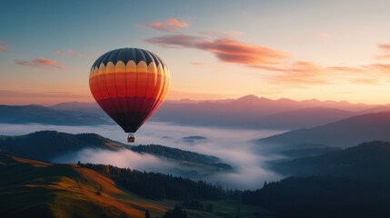 Obraz premium Majestic Hot Air Balloon Floating Over Serene Mountain Landscape at Sunrise with Colorful Sky and Mist