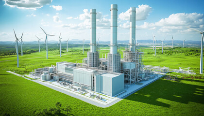 Power plant and wind turbines generating clean energy in green field