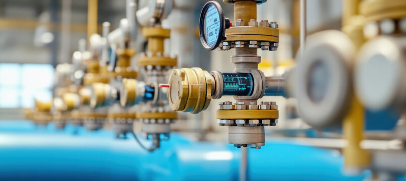Industrial pipes and valves measuring pressure and temperature in a factory