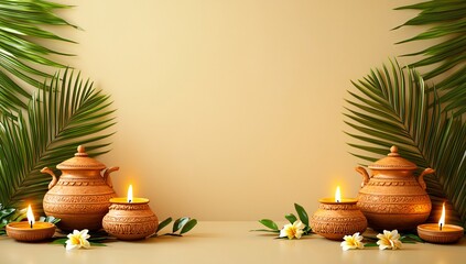 Fototapeta premium Serene Spa Setting Ornate Pots Candles Tropical Leaves