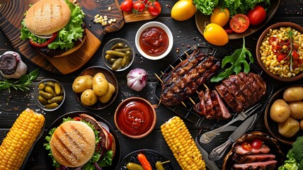 Summer BBQ or picnic food table scene Burgers