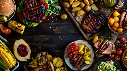 Summer BBQ or picnic food table scene Burgers