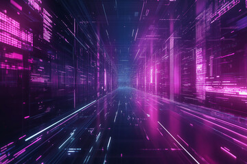 futuristic cityscape with neon lights and a purple sky. The image is a representation of a virtual world, with a sense of motion and depth. The colors and patterns create a feeling of excitement