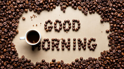 Naklejka premium Good morning message spelled out with coffee beans surrounding a cup of coffee.