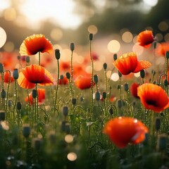 Obraz premium Poppies, poppy field, dew drops glitter in the sun - generative AI