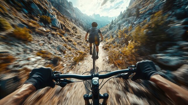 Mountain biking adventure in rugged terrain, fast pace POV, action shot, Generated AI