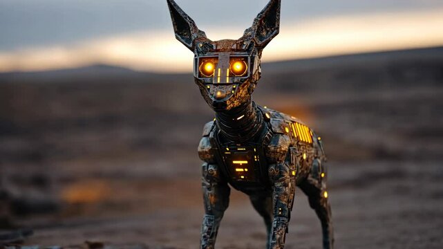 an robot fox with glowing yellow light eyes at vast land