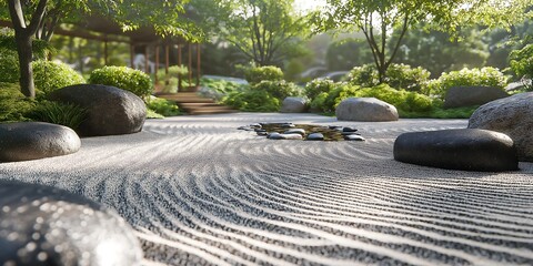 Tranquil Zen Garden with Intricate Raked Sand Patterns and Serene Natural Elements for Peaceful Reflection