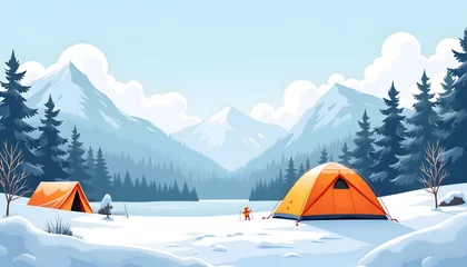 Fototapete Rund  Winter landscapes with fishing tents - vector image of tents for winter fishing on the background of snowy mountains and forests. © Vera