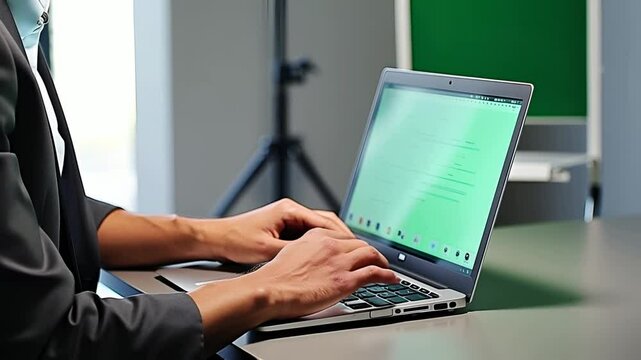 Person, hands or laptop green screen in office for business, connectivity or media mockup. Entrepreneur, online or computer with tracking markers for ecommerce, software update or internet banking