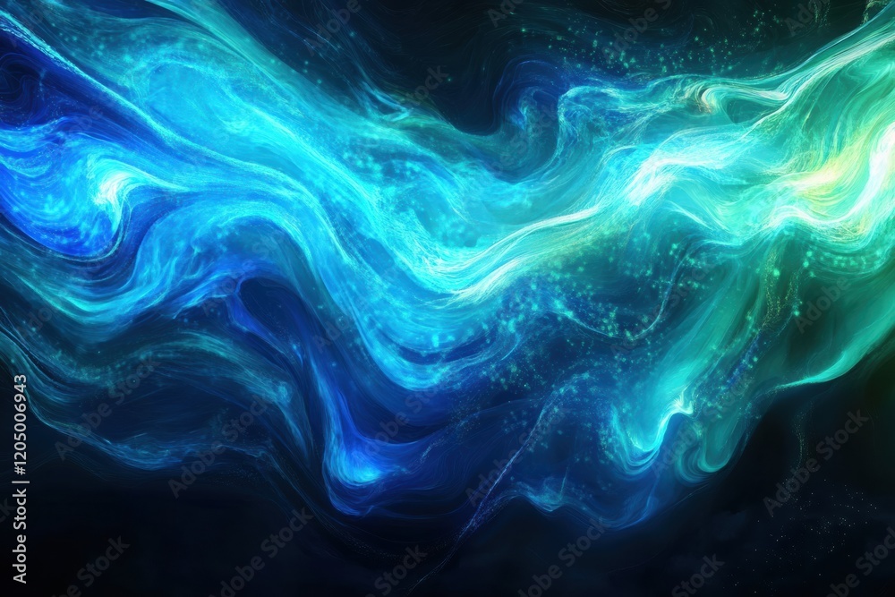 Fototapete colorful abstract swirls creating dynamic waves of blue and green light in a dark background. genera