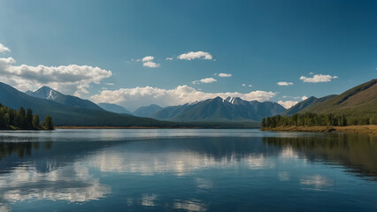 Fototapeta premium A quiet and peaceful lake with snowcapped mountains in the background.