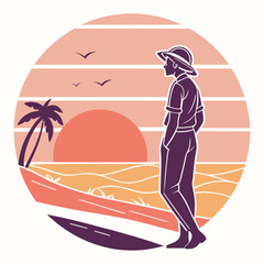 summer sunset on retro vintage silhouette vector