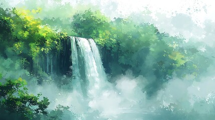 Serene Waterfall in Lush Green Forest, Misty Scene.