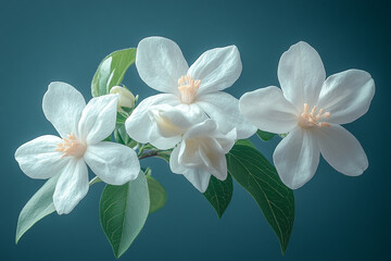 Fototapeta premium Three Delicate White Blossoms with Green Leaves