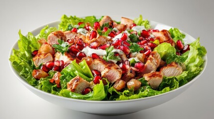 Healthy salad with turkey breast, lettuce, yogurt sauce with pomegranate seeds. Fitness food. Superfoods