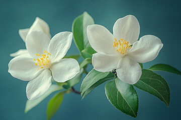 Obraz premium Delicate White Blossoms and Lush Green Leaves