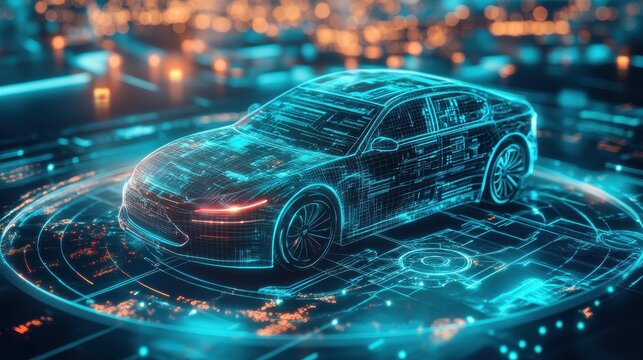 Creative digital car interface background. Artificial intelligence, transport and hologram concept. 3D Rendering.