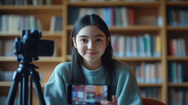 Excited hispanic teen girl social media channel blogger recording vlog on digital smartphone cam in library. School student vlogger talking looking at mobile phone on tripod shooting blog, streaming.