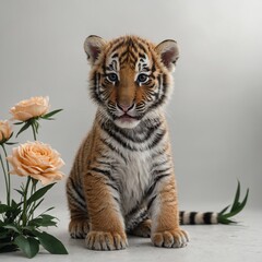 Obraz premium An adorable baby tiger seated near a fresh flower, white background.