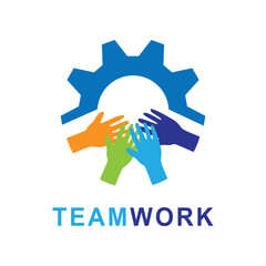 People teamwork symbol logo template. Vector illustration with 4 hand and gear concept 