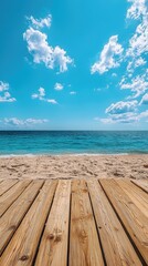 Fototapeta premium Beach view from a wooden dock with ocean and clear sky, tranquil scene Generated AI