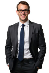 A professional man stands confidently with a smile, dressed in a tailored dark suit and a crisp white shirt, complemented by a sleek navy tie. 