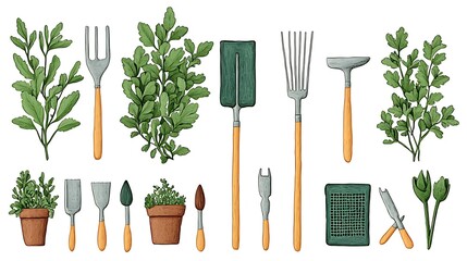 Gardening Tools and Herbs Illustration.