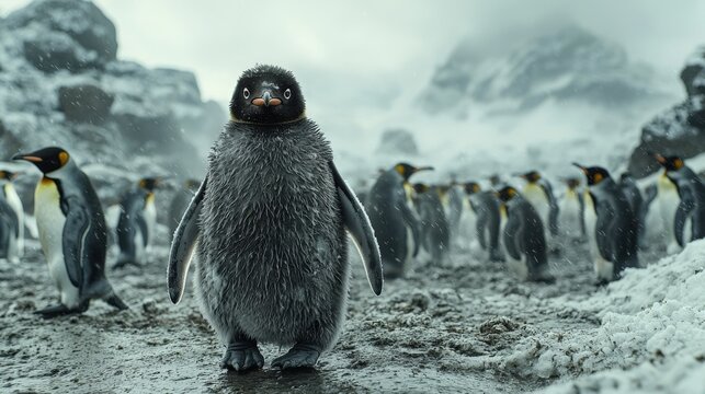 Cute fluffy penguin chick stands out in colony, snowy mountains background, Generated AI - Powered by Adobe