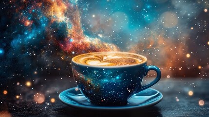 Cosmic Coffee Cup with Galaxy Swirls and Starry Background
