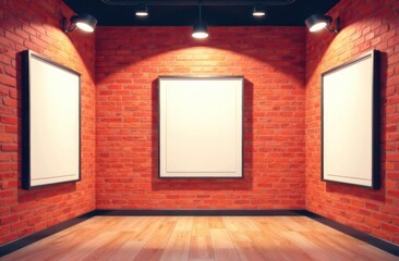 Modern gallery room with directional spotlight and poster frames. Product artwork exhibition mock up. White art frames with black passepartout. rough red brick interior